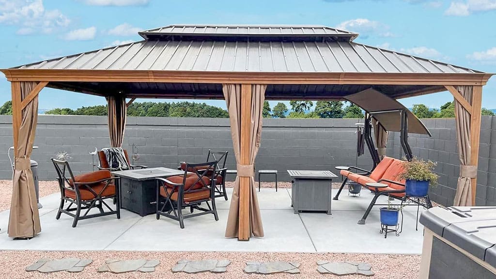Domi Outdoor Living Hardtop Gazebo Canopy - Outdoor Permanent Metal Pavilion with Curtains, Netting & Double Roof for Patio